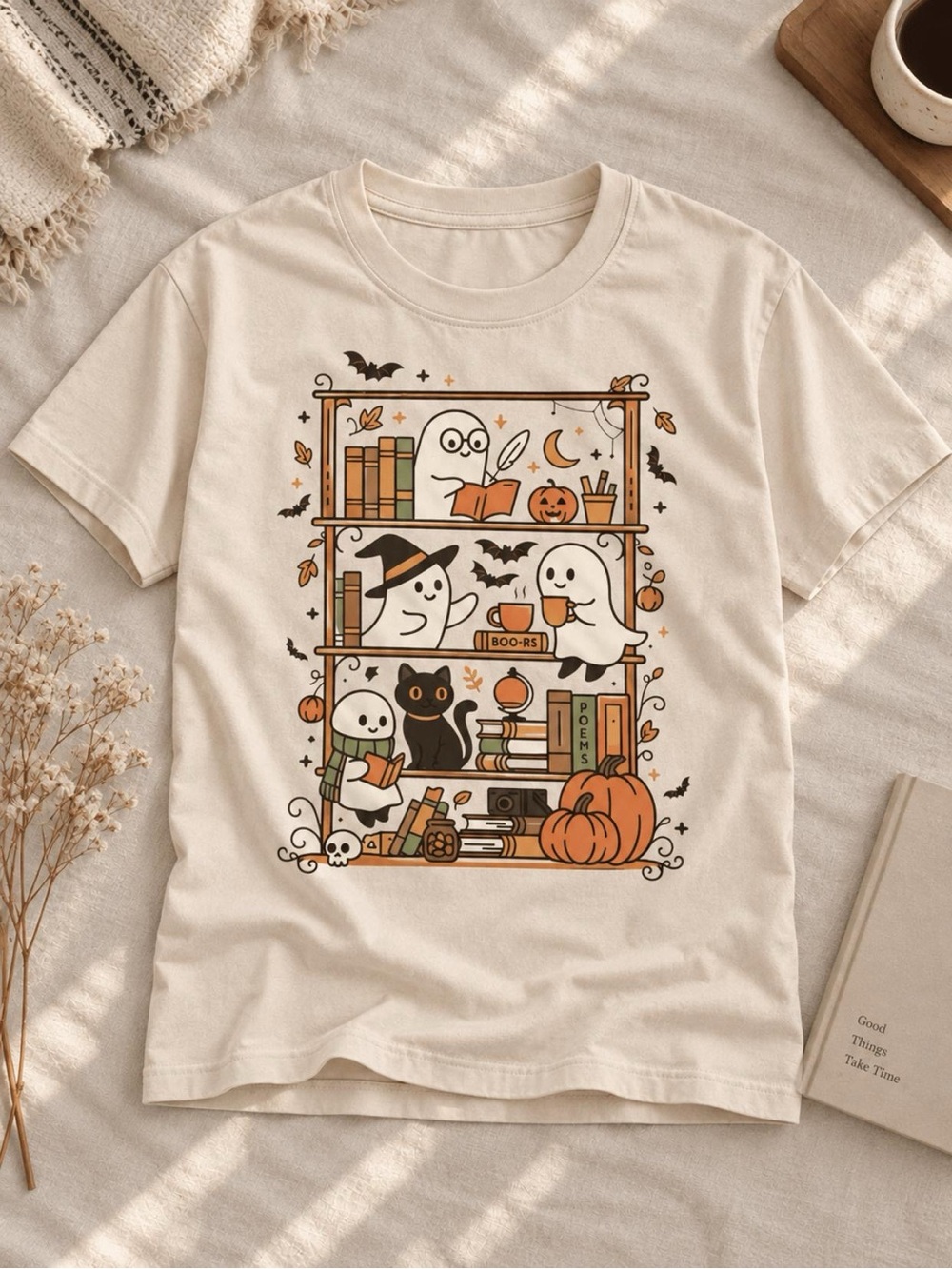 Cozy Halloween Ghost Library T-Shirt, Bookish Pumpkin Cat Tee